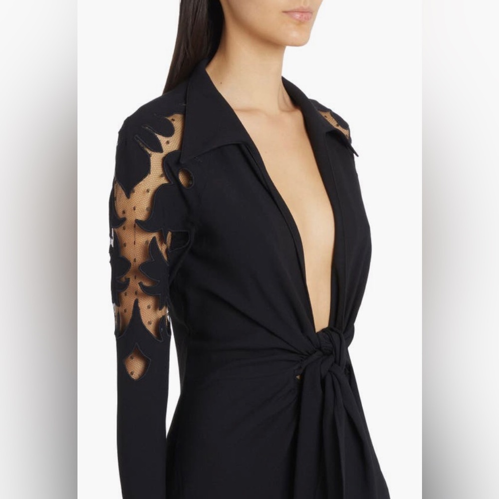 NEW $4000 Etro Cutout Long Sleeve Tulle & Crepe Tie Front Gown, Nero, 6US / 42IT - Picture 4 of 5